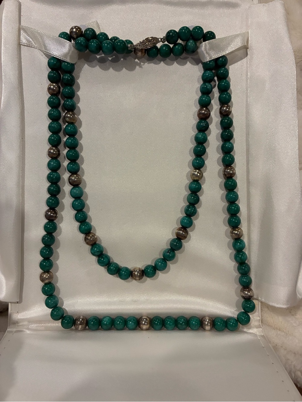 Elegant Malachite Beaded Double-Strand Necklace with Silver Beads